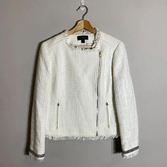 J.Crew Tweed Motorcycle Jacket with Fringe Women's 12 White Gold Career Preppy - Picture 4 of 16